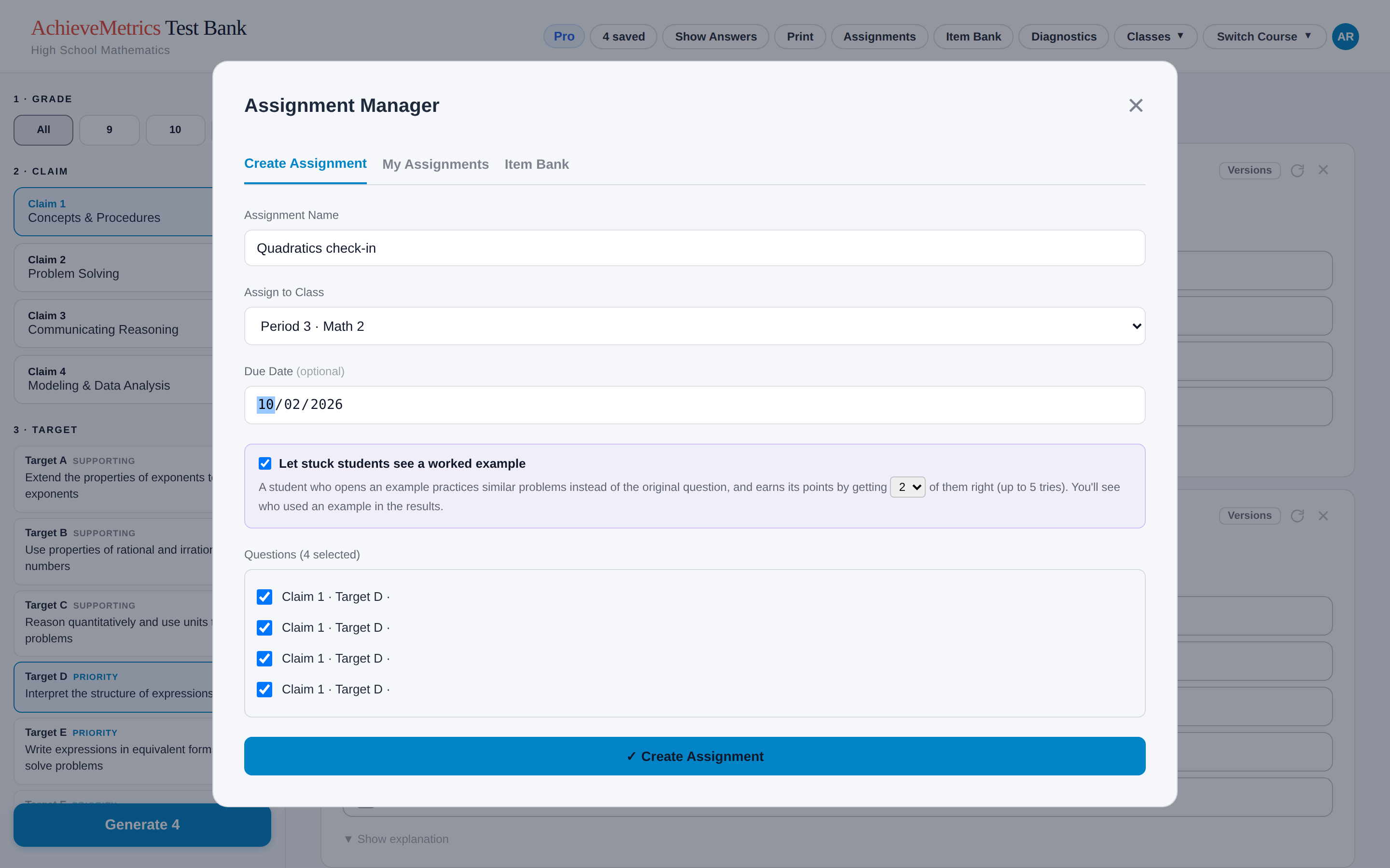 The Assignment Manager with a name, class, due date, and four selected questions