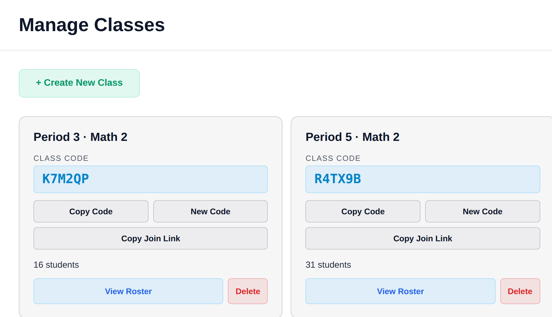 Manage Classes showing two classes with their class codes