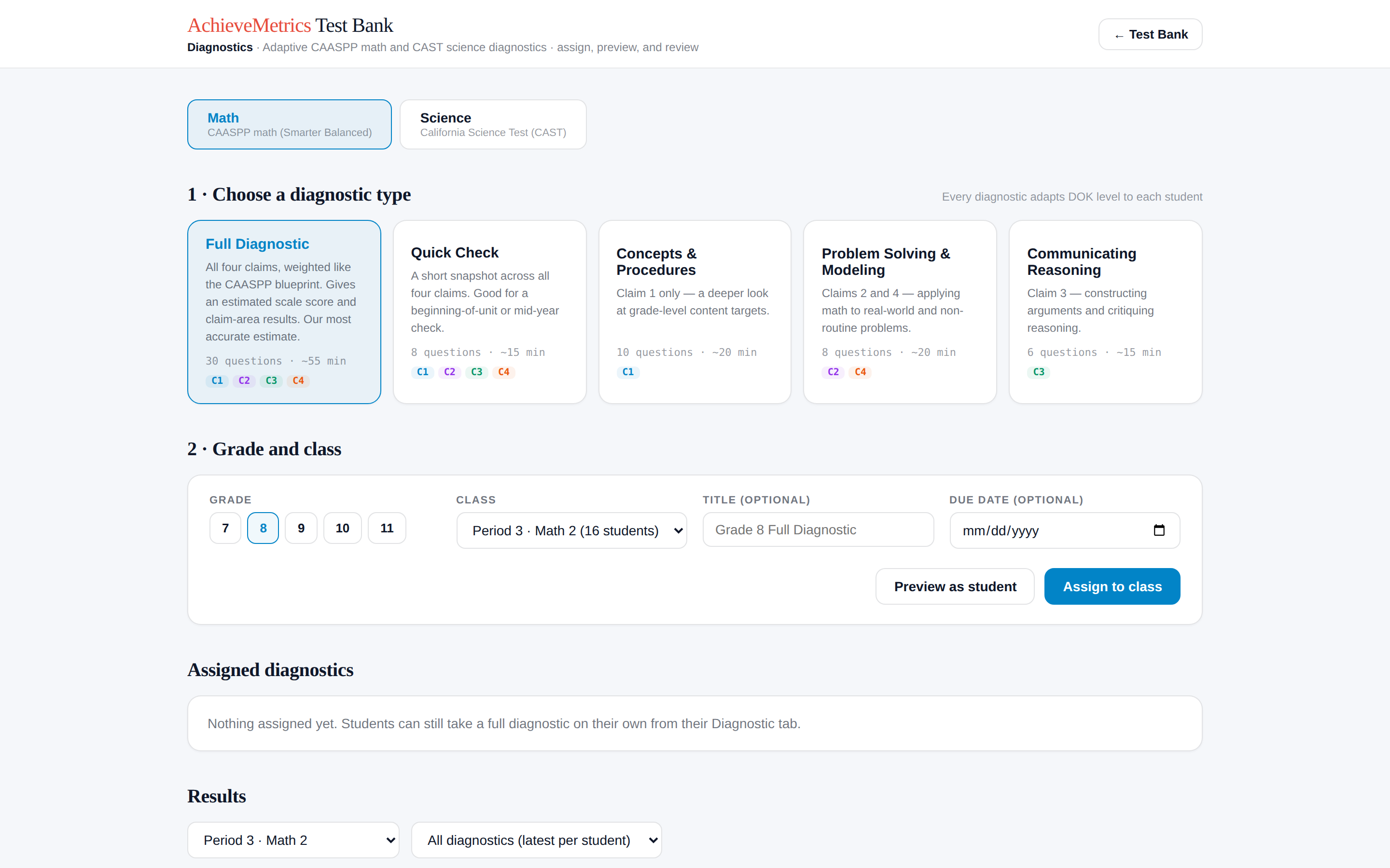 The Diagnostics page with diagnostic types, grade and class choices, and Preview and Assign buttons