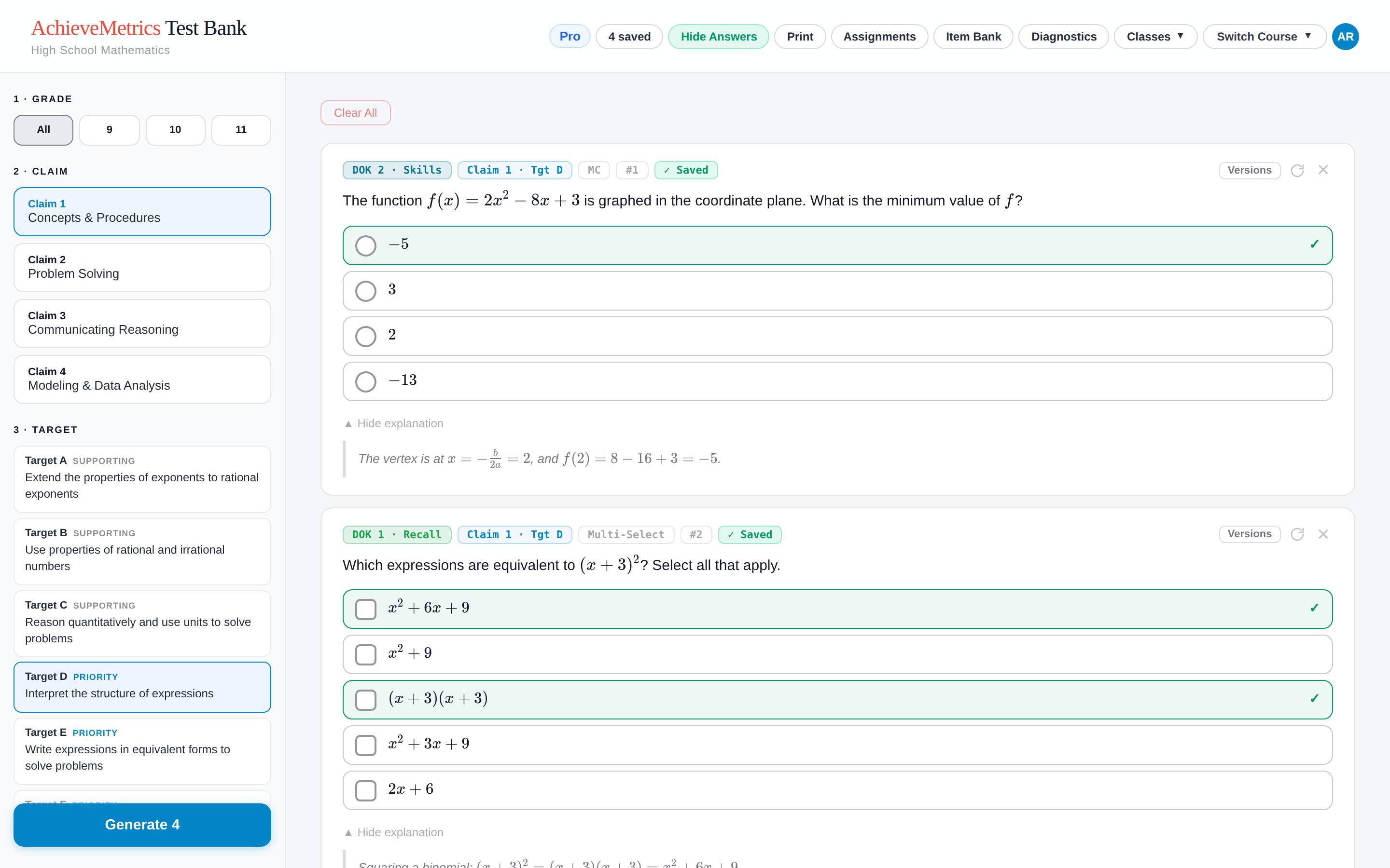 The question generator with Claim 1, Target D selected and two generated questions showing their answers