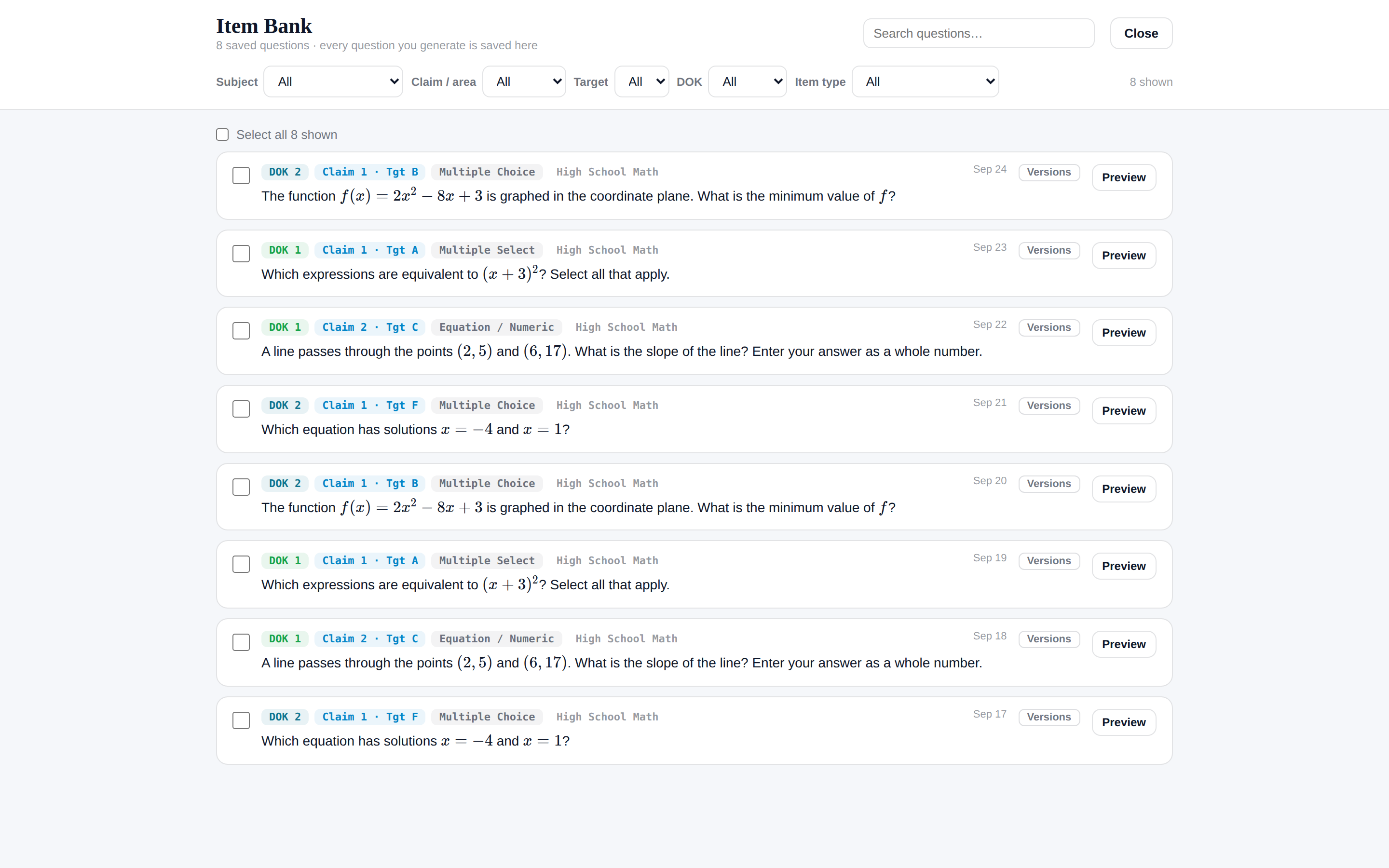 The Item Bank with filters and a list of saved questions