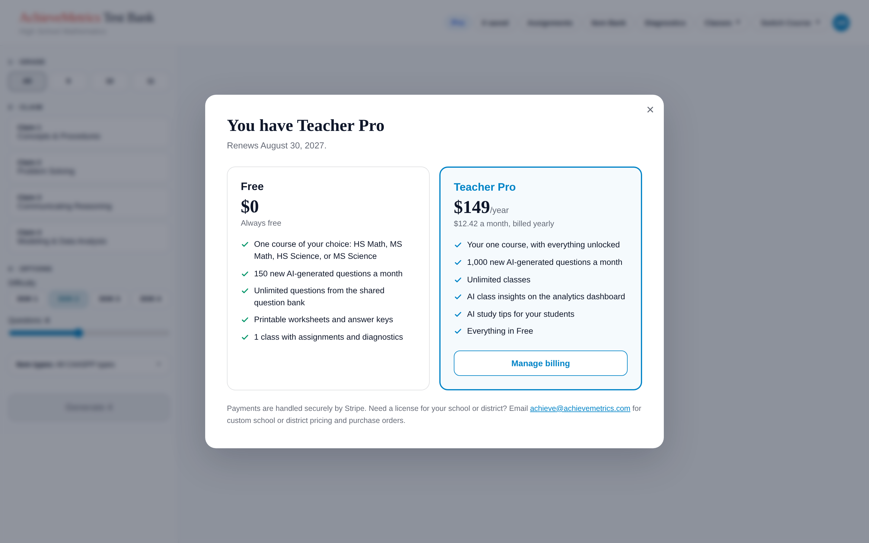 The plan screen comparing the Free plan and Teacher Pro
