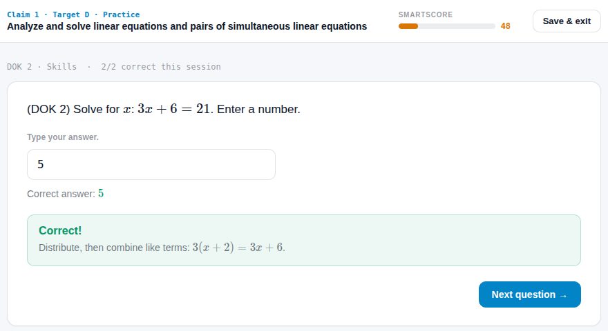 An adaptive practice question with a SmartScore bar and instant feedback