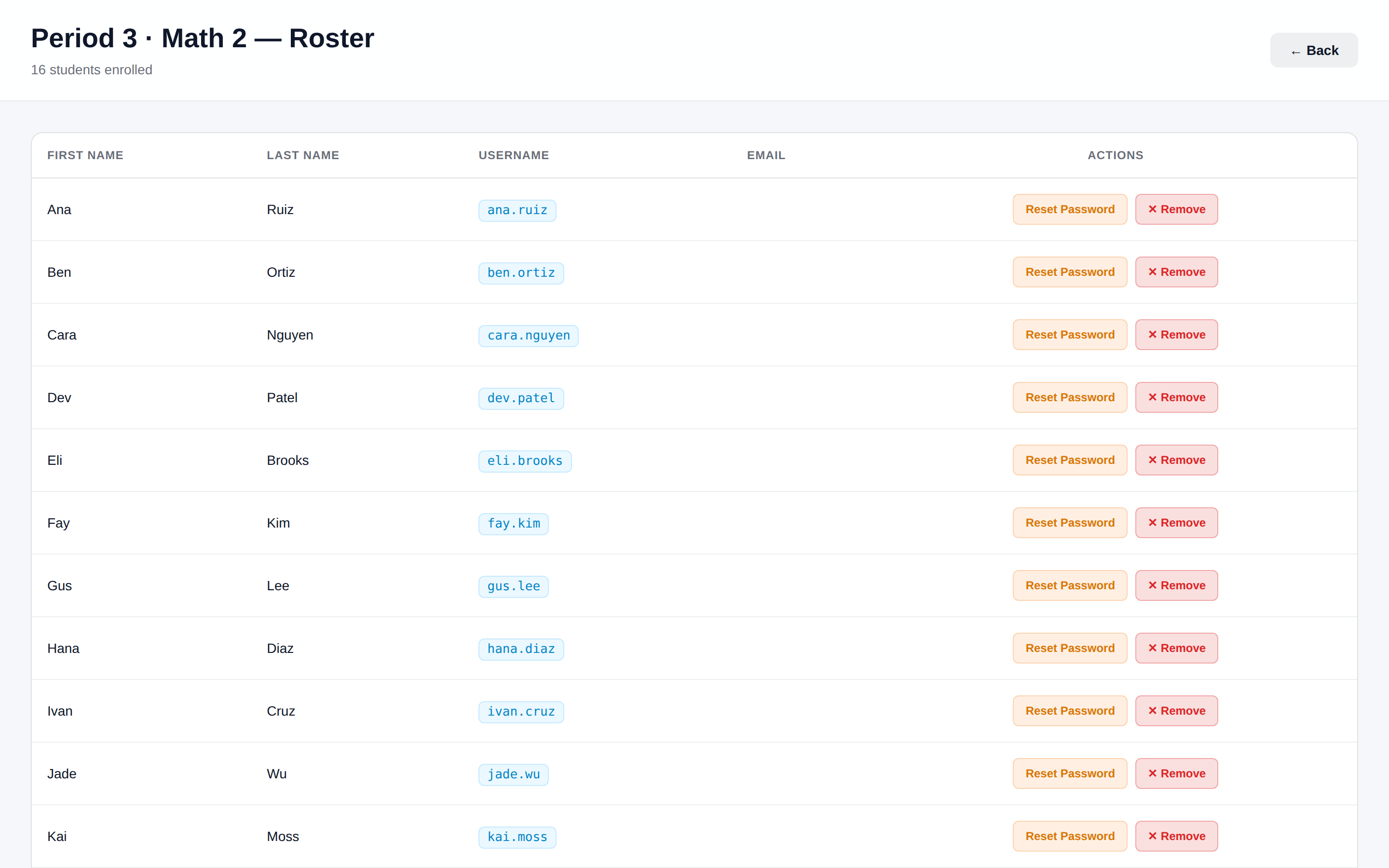 A class roster with Reset Password and Remove buttons
